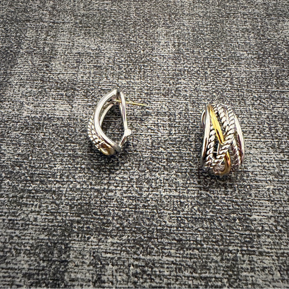 David Yurman 925 Silver 585 14k Yellow Gold Crossover Cable Womens Earrings - Picture 2 of 4